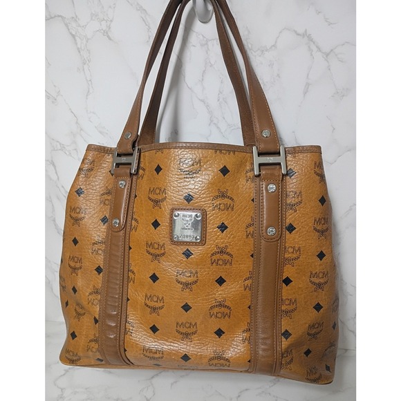 MCM Handbags - MCM Cognac Visetos Monogram Double Handle Bag - EUC